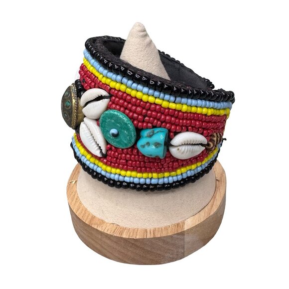 Vintage Tibetan Open Cuff Decorated Turquoise, Cowrie Shells Coral Glass Beads - Picture 2 of 10